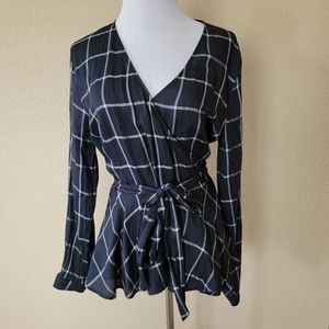 LOFT Windowpane Print Wrap Top, Size M